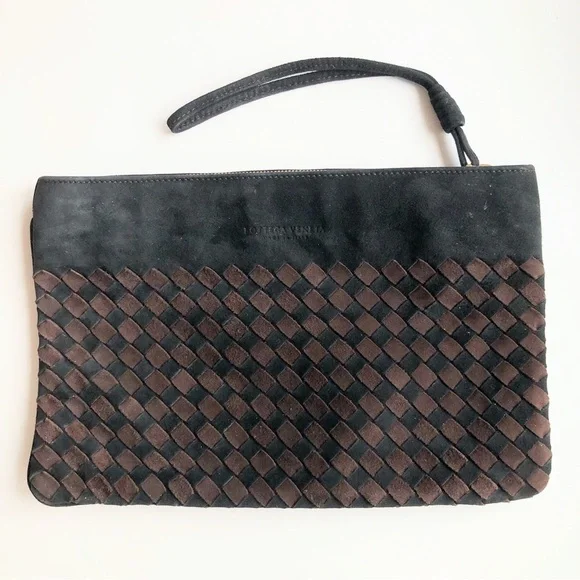 Bottega Veneta Intrecciato Brown Black Woven Suede Leather Wristlet Clutch Bag - Picture 2 of 12